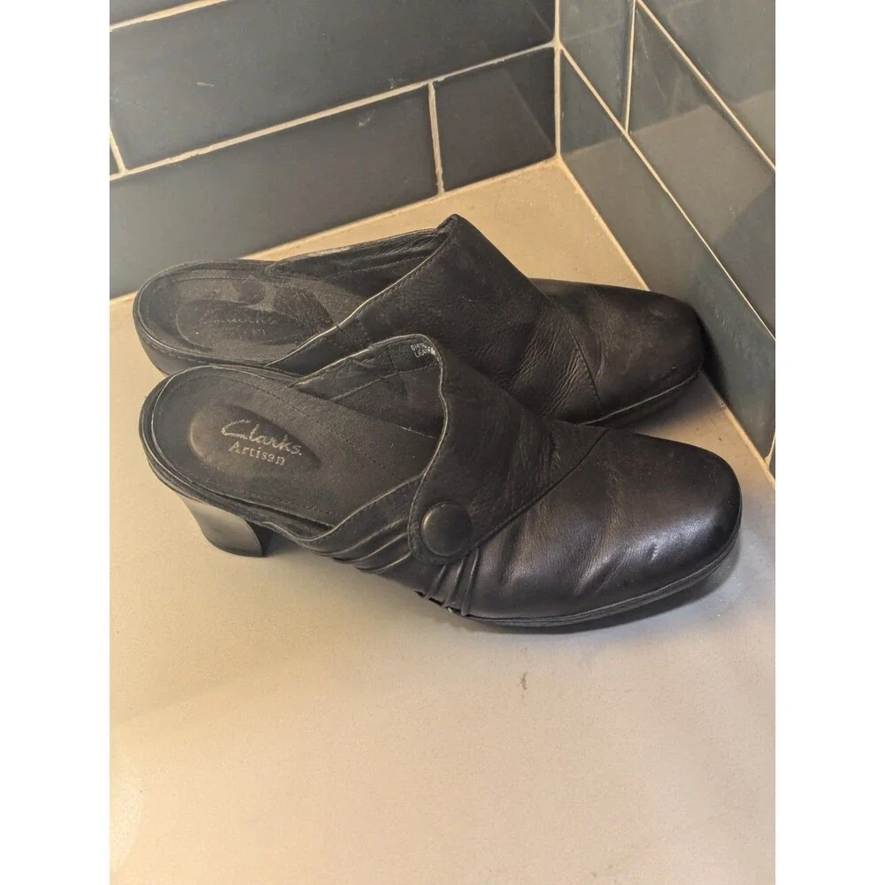 Clarks‎ Artisan Solid Black Leather Mule Diamond Trust Clogs Sz 8.5